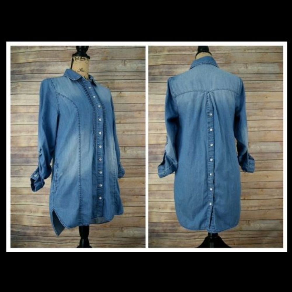 Chambray Shirt Button Front + Back Detail Pockets